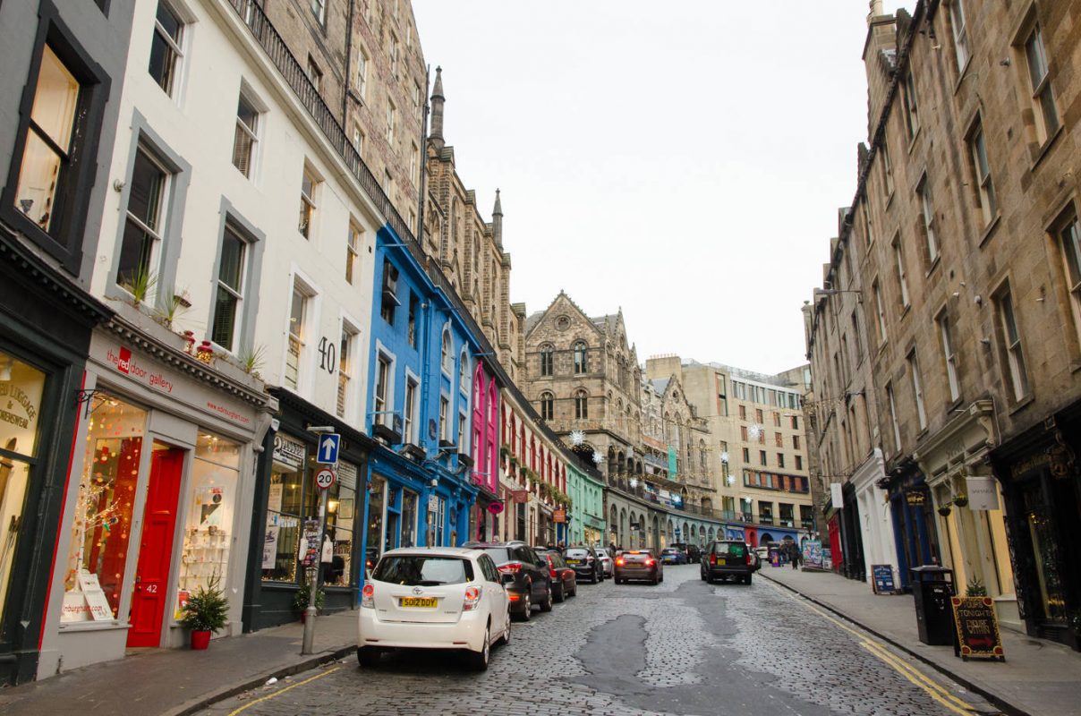 Looking up Victoria Street, Diagon Alley from Harry Potter, in this ultimate guide of things to do in Edinburgh